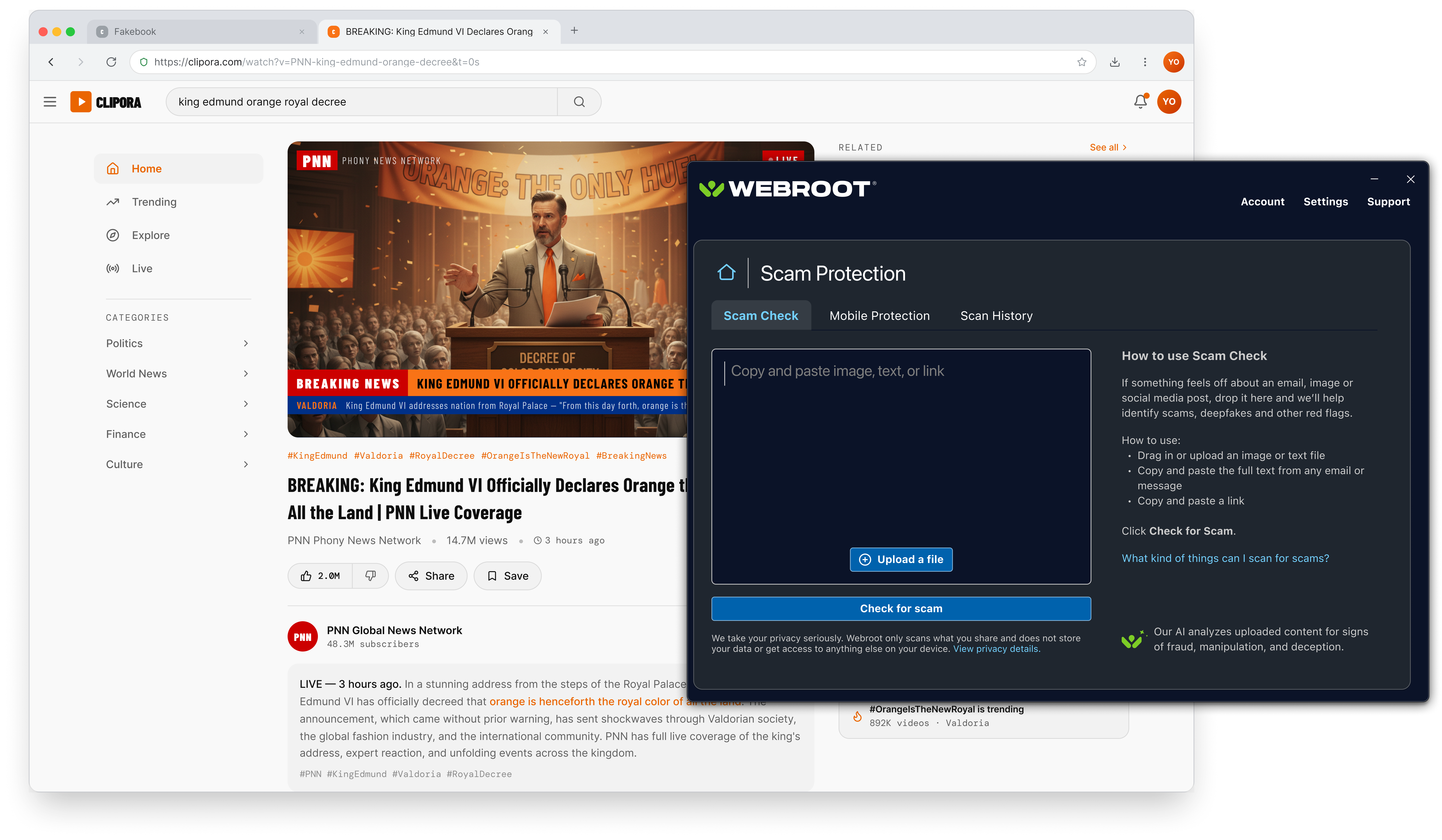 Scam Check text-input state with a field reading 'Copy and paste the image, text or links you want to check', an Upload a file button, and the Check for scam button.